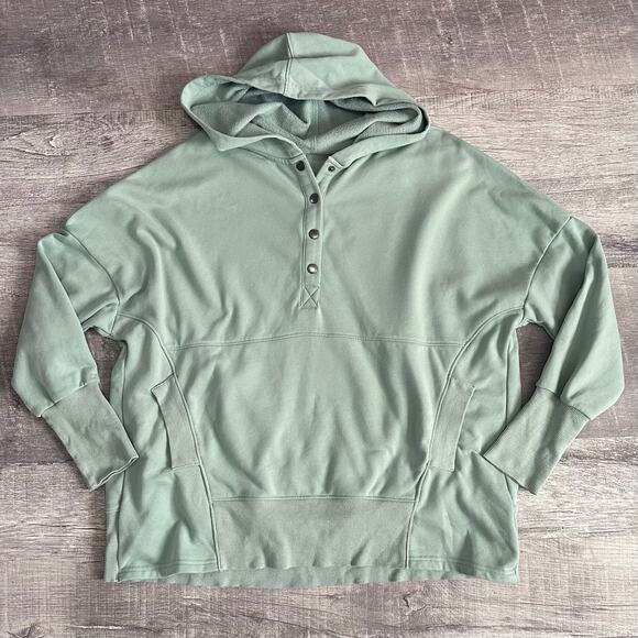 Boutique Oversized 1/4 Snap Hoodie Pullover Womens L Sage Ribbed - Picture 1 of 7